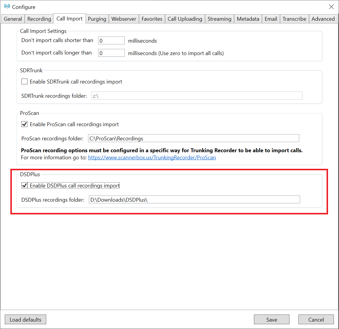 Trunking Recorder Call Import Option screen