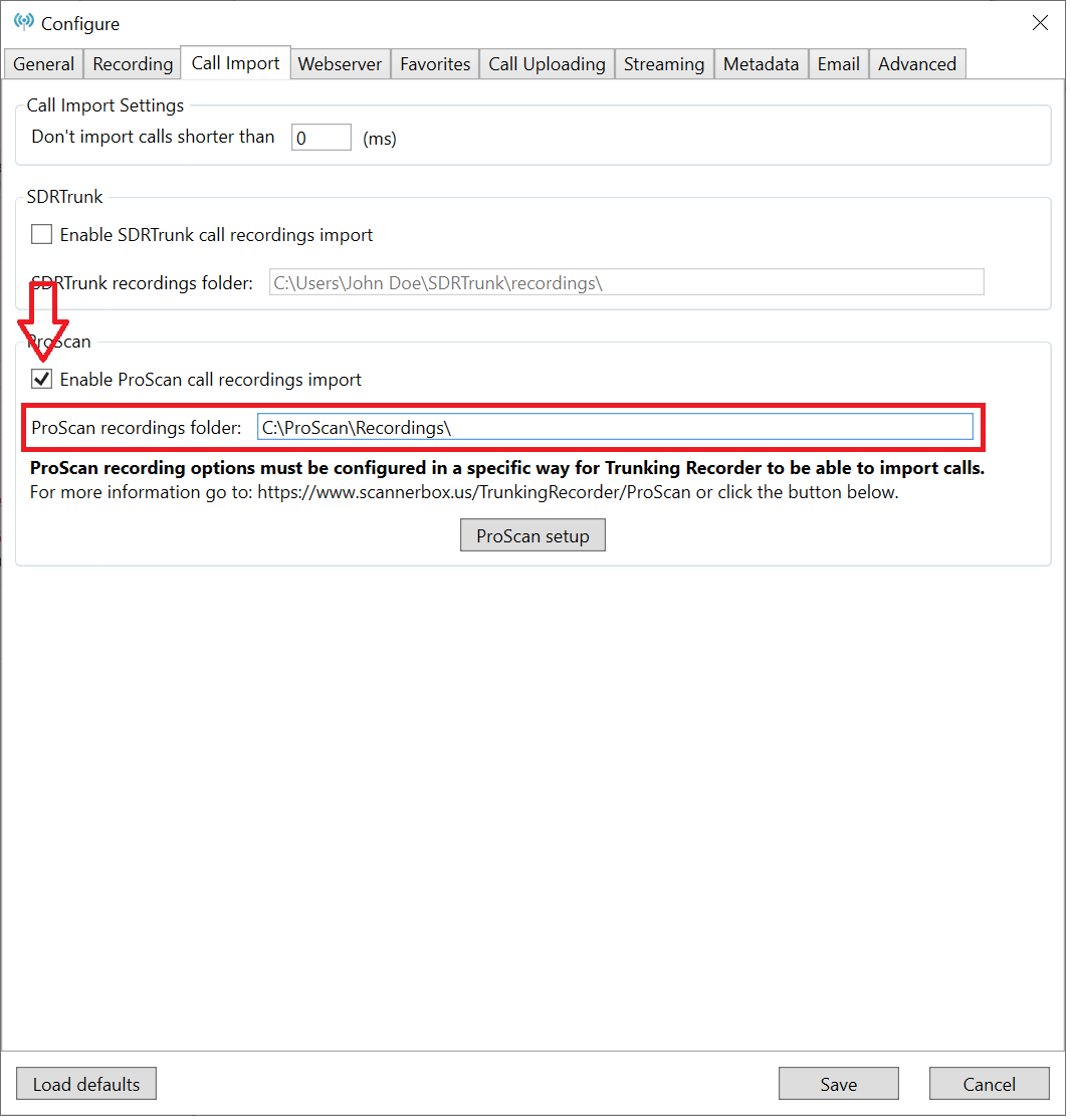 Trunking Recorder Call Import Option screen